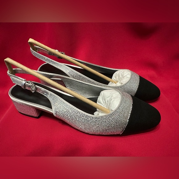 J Crew Silver Rhinestone Embellished Black Cap Toe Low Heel Slingback Size 7 NWT - Picture 4 of 7